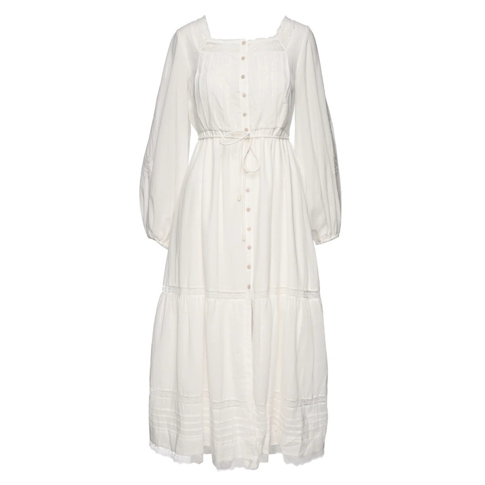 Caroline Constas White Cotton Button Front Maxi Dress Square Neck Lace Size M